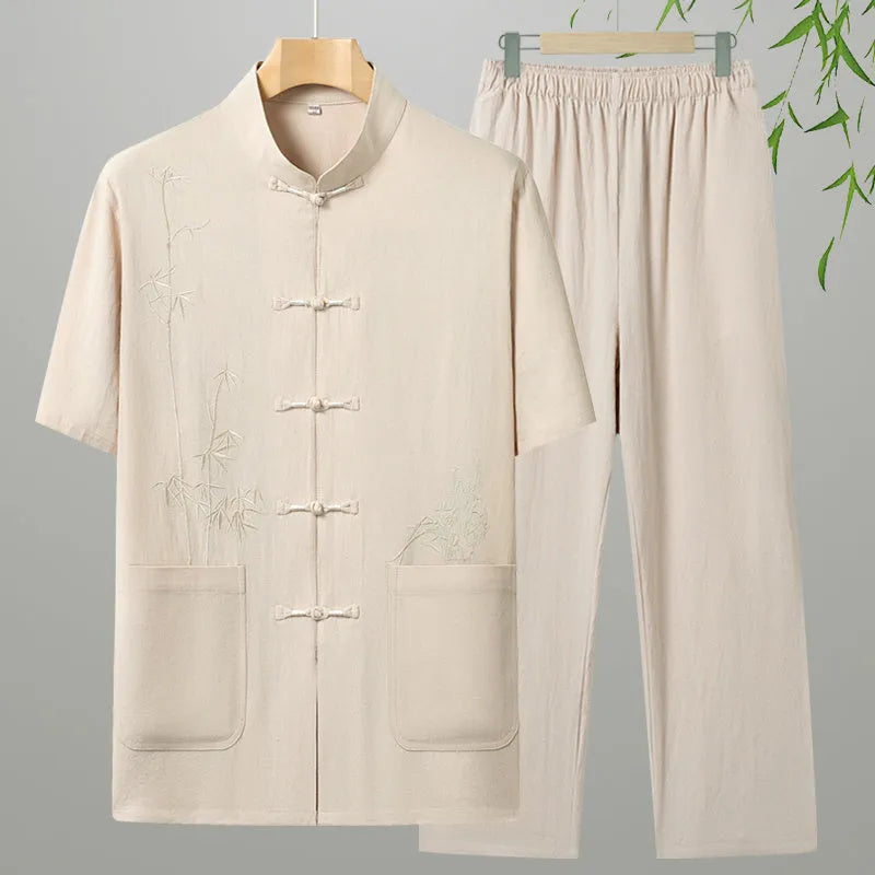 Men's cotton short-sleeved summer suit in grey, off-white, navy blue, red or white with rabbit fur composition