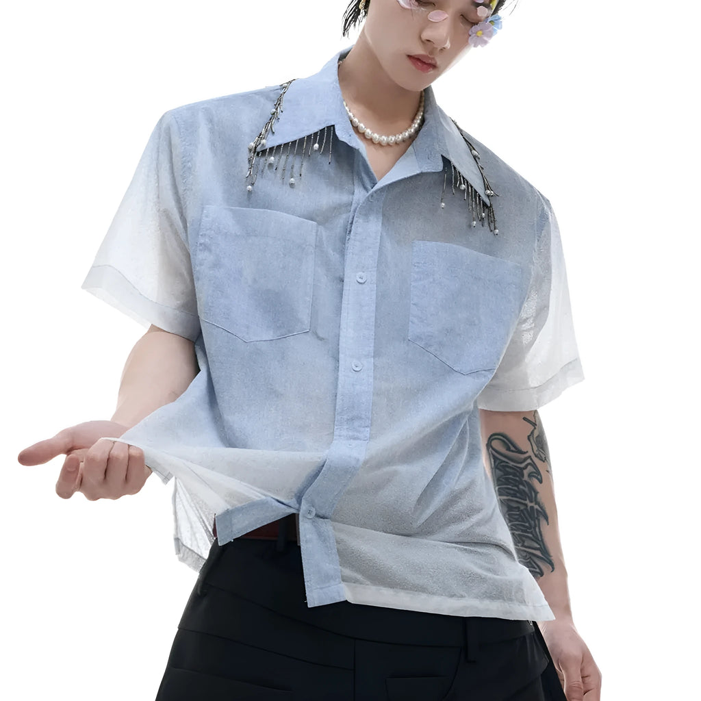 Men's blue and white gradient quilted loose fit short sleeve casual shirt
