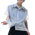 Men's blue and white gradient quilted loose fit short sleeve casual shirt