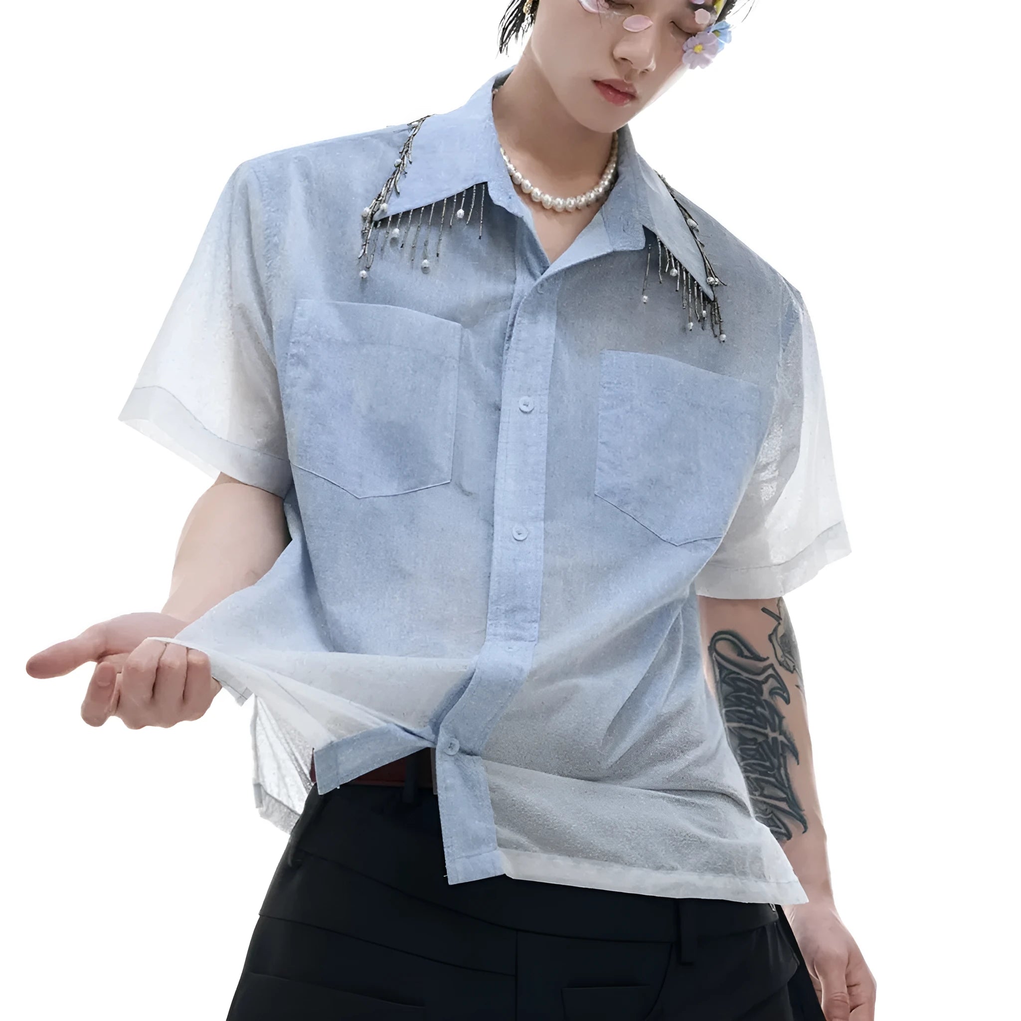 Men's blue and white gradient quilted loose fit short sleeve casual shirt