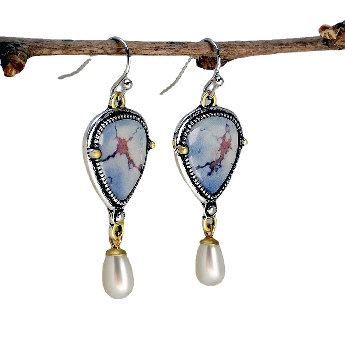 Retro blue electroplated drop earrings with geometric shape, synthetic blue opal and white pearl accents