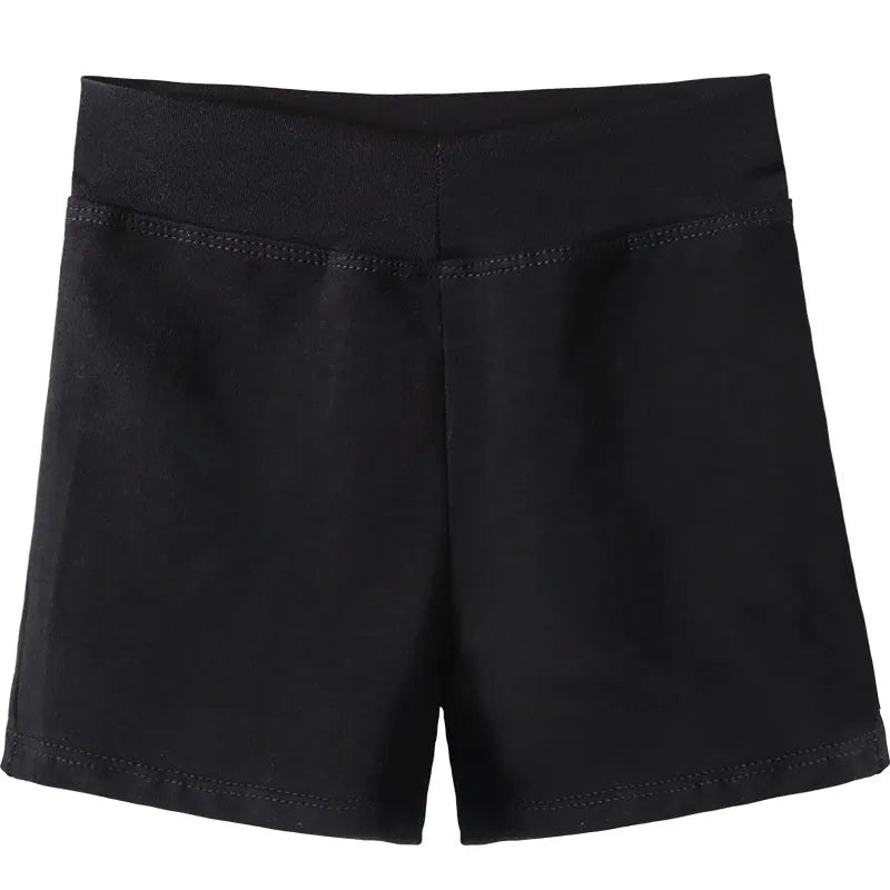 Black cotton ballet practice shorts for women laid flat, showing size label.
