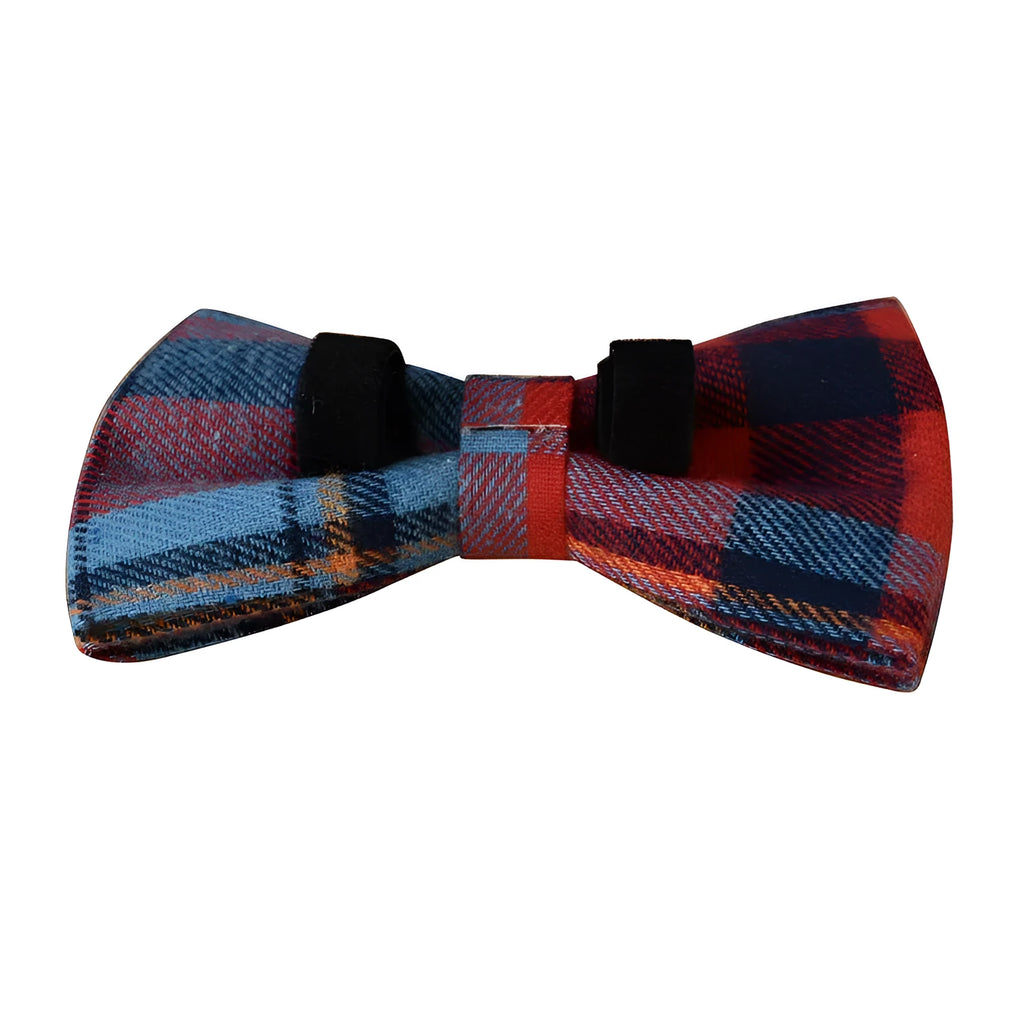 Blue velvet plaid cotton dog collar with alloy buckle and bow accessory on white background