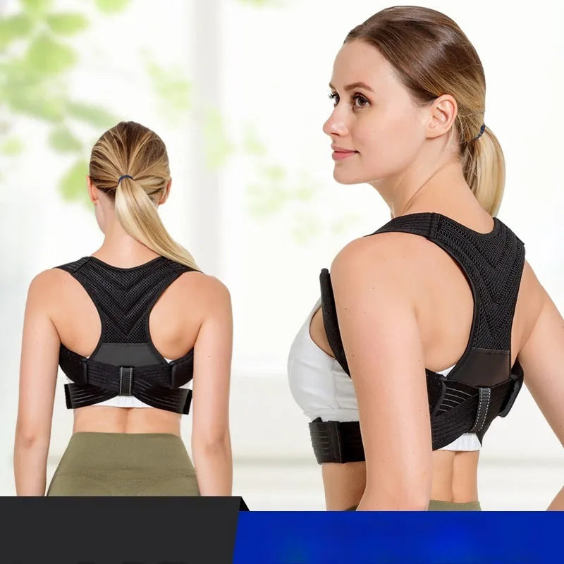 Black anti-humpback posture correction belt worn on torso, showing open shoulder and high chest position.