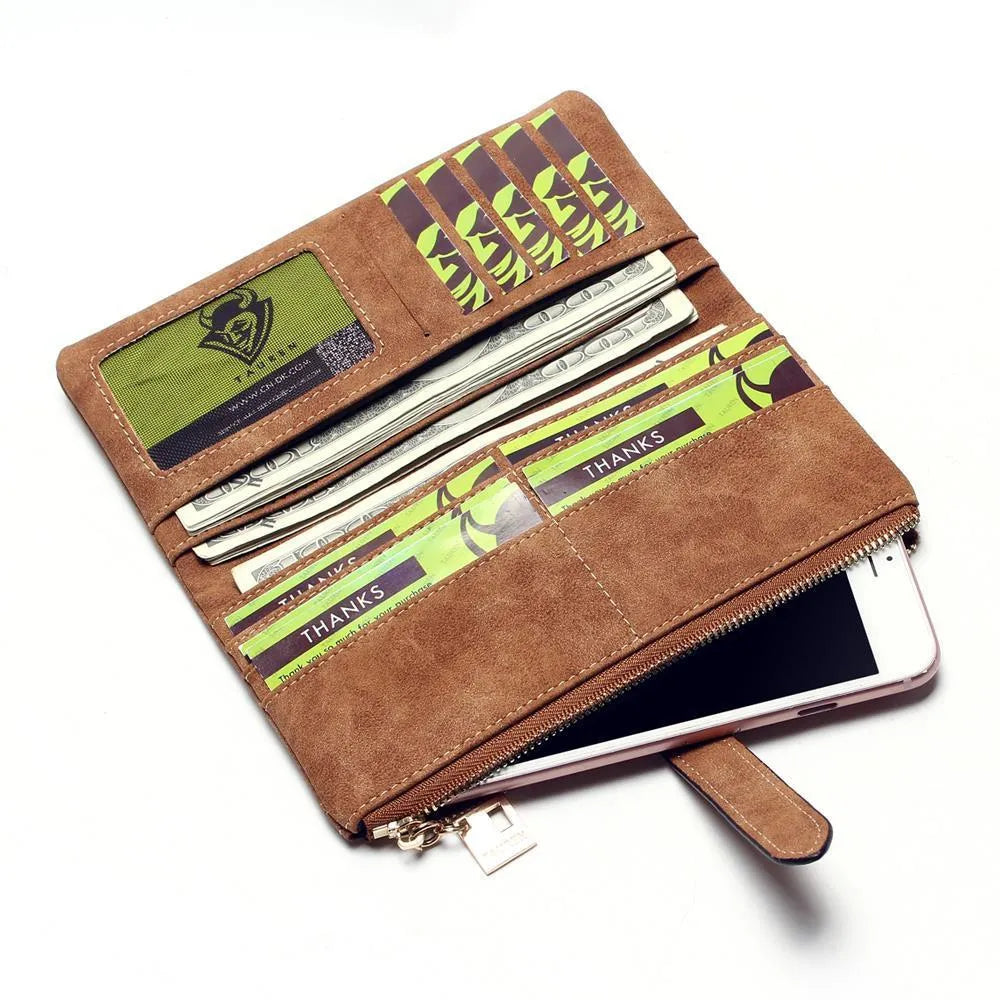 Women's retro matte long wallet open showing card slots and zip coin compartment.