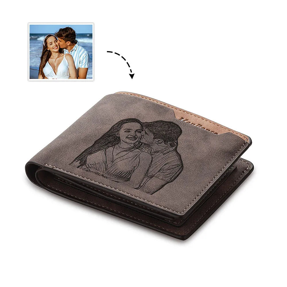 Coffee coloured engraved horizontal short wallet showing photo personalisation and 7 card slots