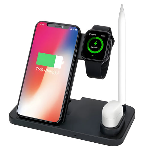 4-in-1 wireless charging station with phone, Apple Watch, and AirPods on adjustable magnetic stand