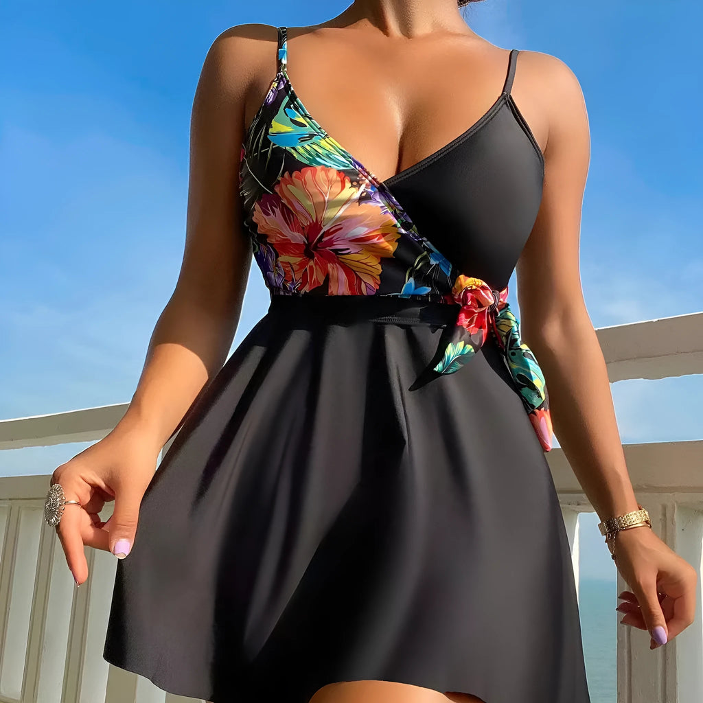 Black women's high waist briefs bikini swimwear set with printed split design