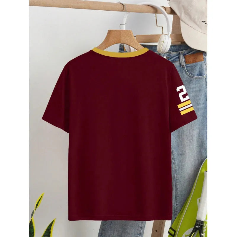 Red loose fit cotton t-shirt with white digital letter printing, short sleeve casual design