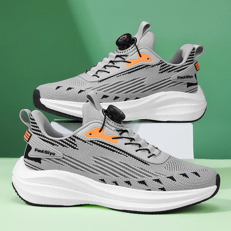 Men's Fly-knit mesh running shoes with rotating buckle closure in black, gray, and white-green colour options