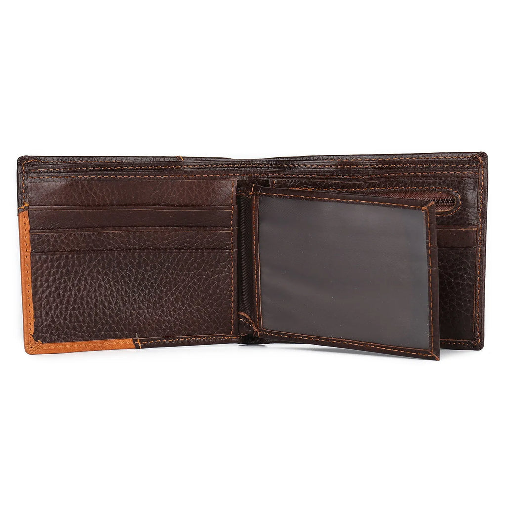 Soft cowhide leather bifold wallet with cross-stitching, shown open to reveal card slots and a zippered coin compartment.