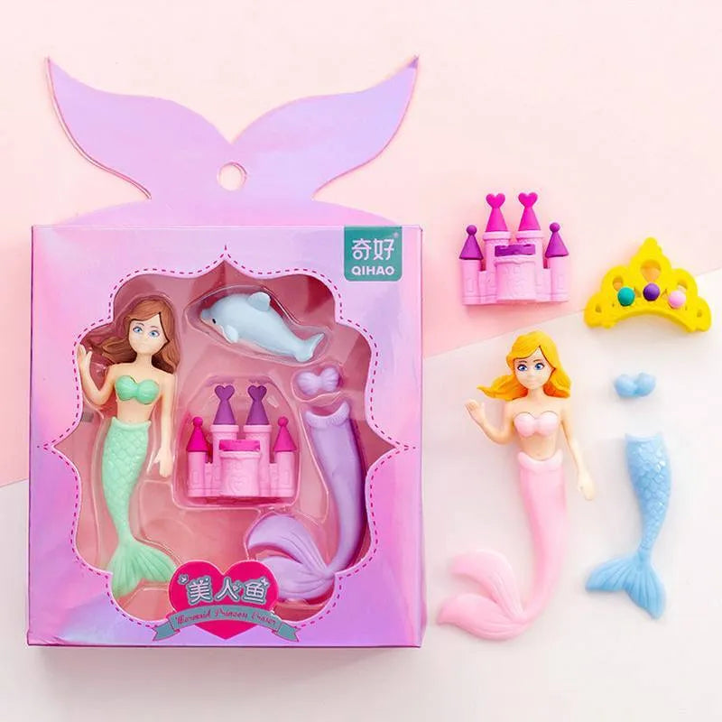 Flower Fairy decorative eraser suit set showing twelve TPR rubber erasers with fairy and mermaid designs