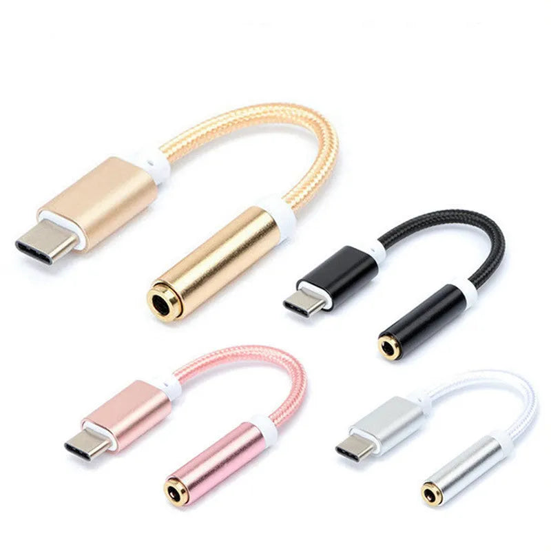 Weaving Type-C to 3.5mm audio adapter cable in black, shown with connectors.
