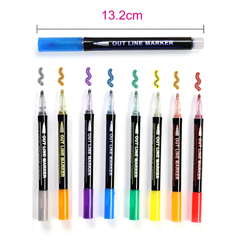 Eight different coloured highlighter and drawing pens in transparent PET gift box with plastic barrels