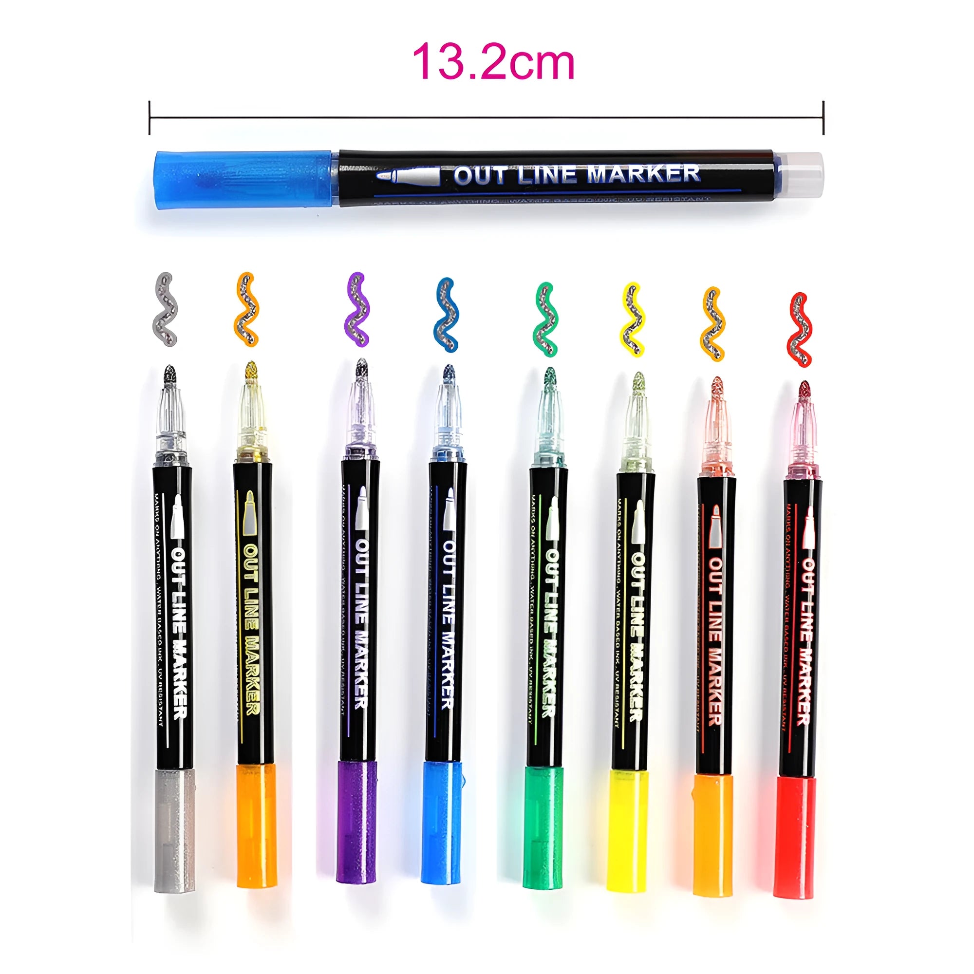 Eight different coloured highlighter and drawing pens in transparent PET gift box with plastic barrels
