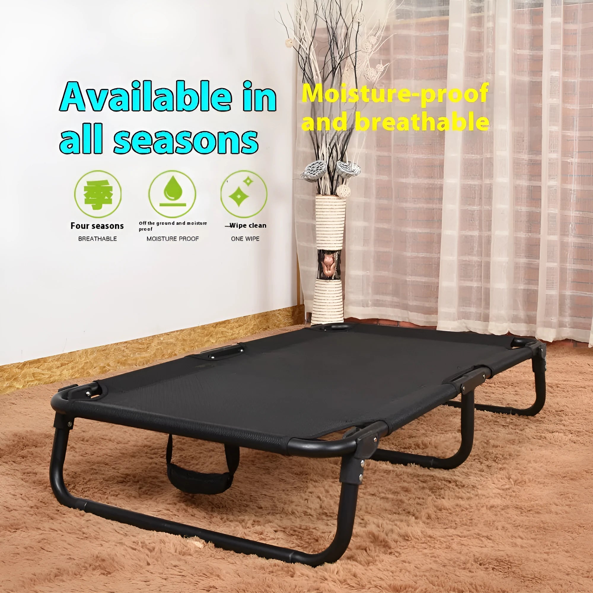 Folding steel frame dog camp bed with mesh platform and removable mattress