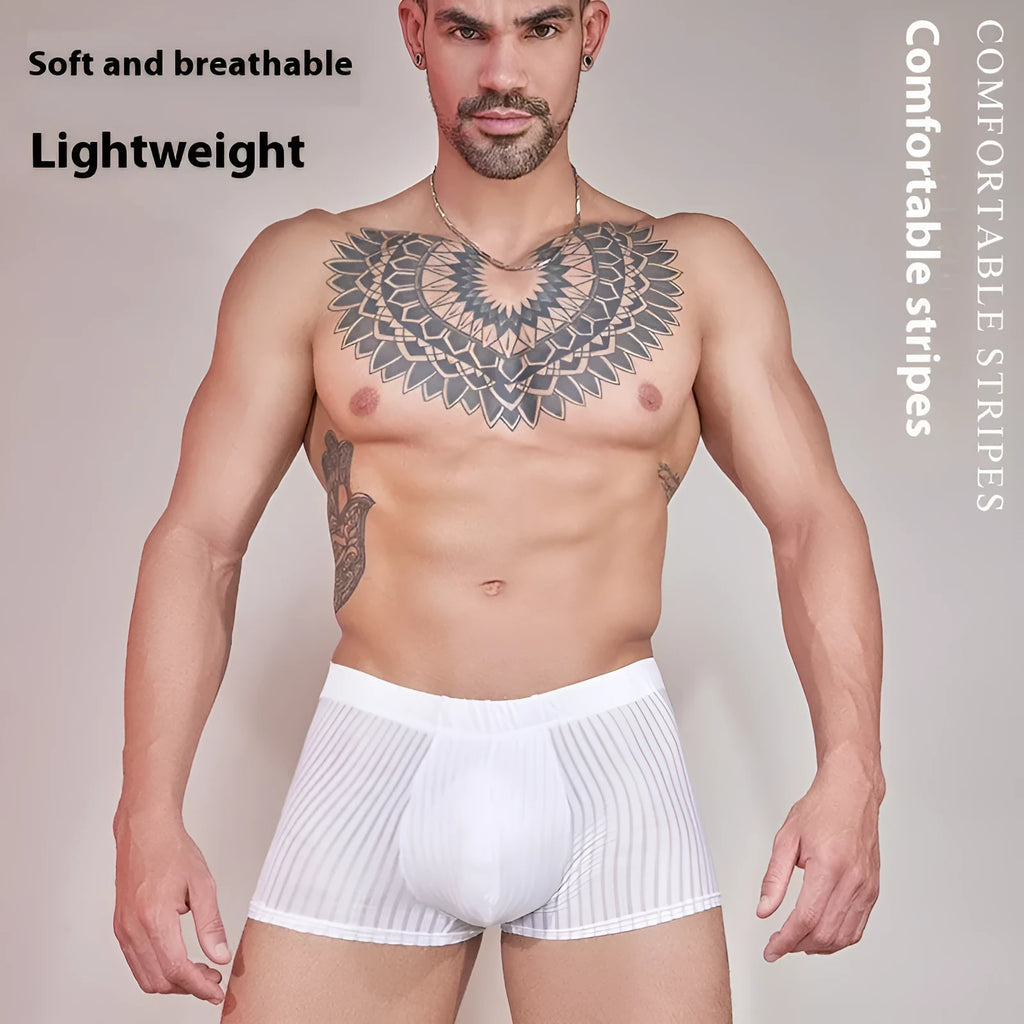 Men's thin striped nylon underwear in black, dark grey and white colours laid flat.