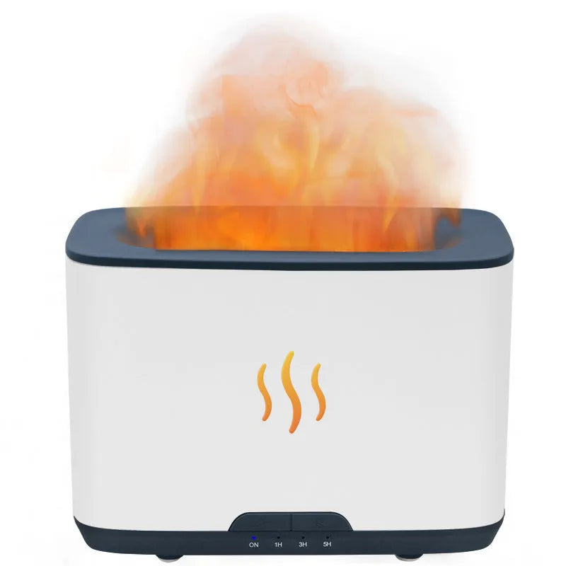 New Flame 300ml ultrasonic aromatherapy humidifier in white on a desktop with USB cable