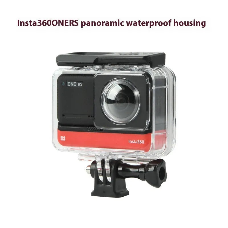 Transparent waterproof case for Insta360 One RS panoramic dual-lens action camera.