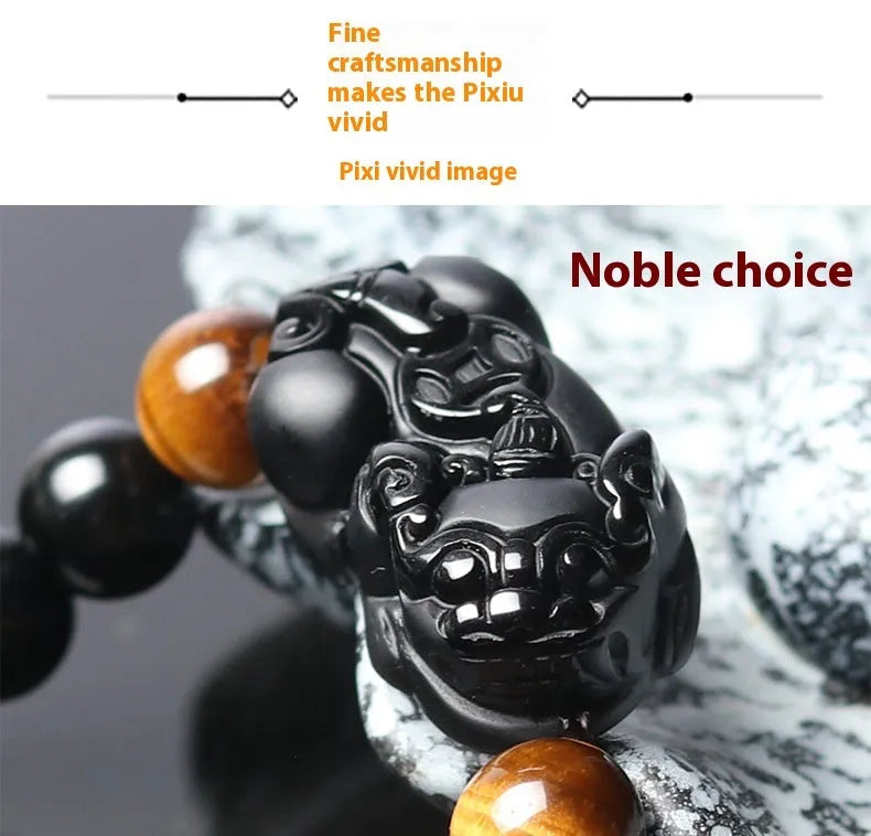 Mexico gold sheen obsidian crystal Pi Xiu bracelet with black adjustable cord, showing bead detail