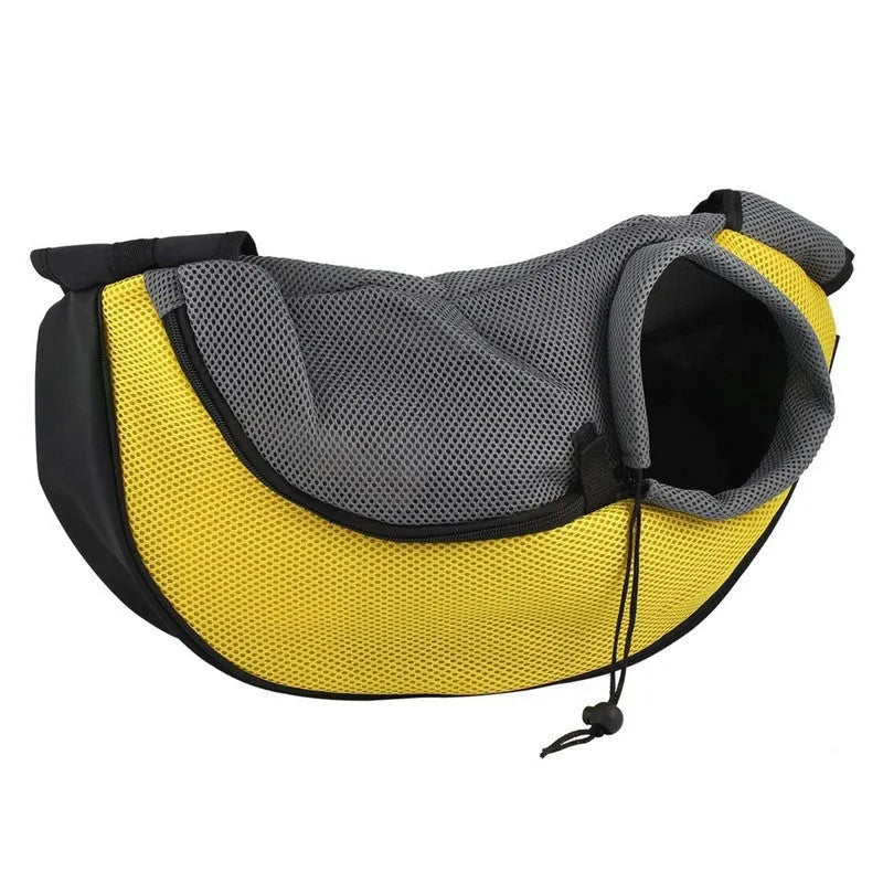 Blue padded pet backpack for a small dog, showing backpack straps and mesh ventilation panel.