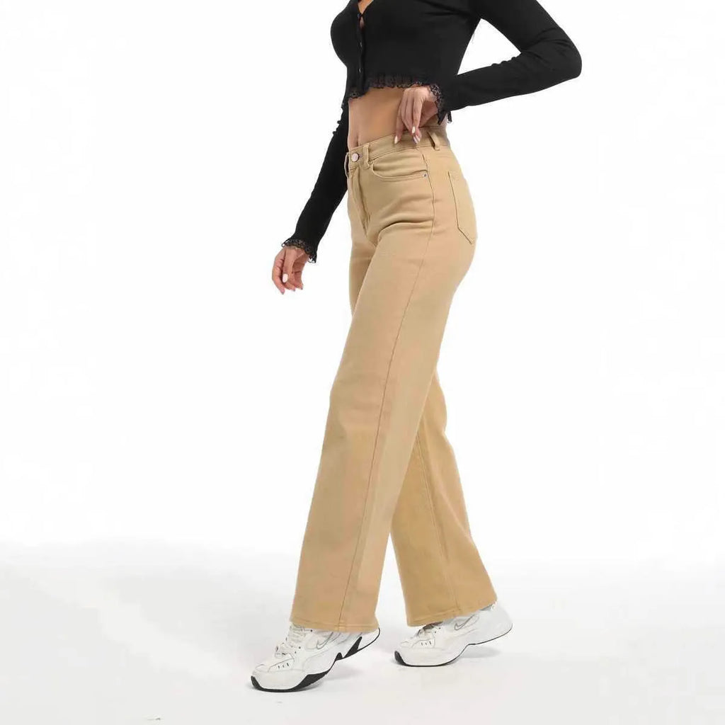 Women's apricot high-waist wide-leg straight jeans made from stretch cotton.