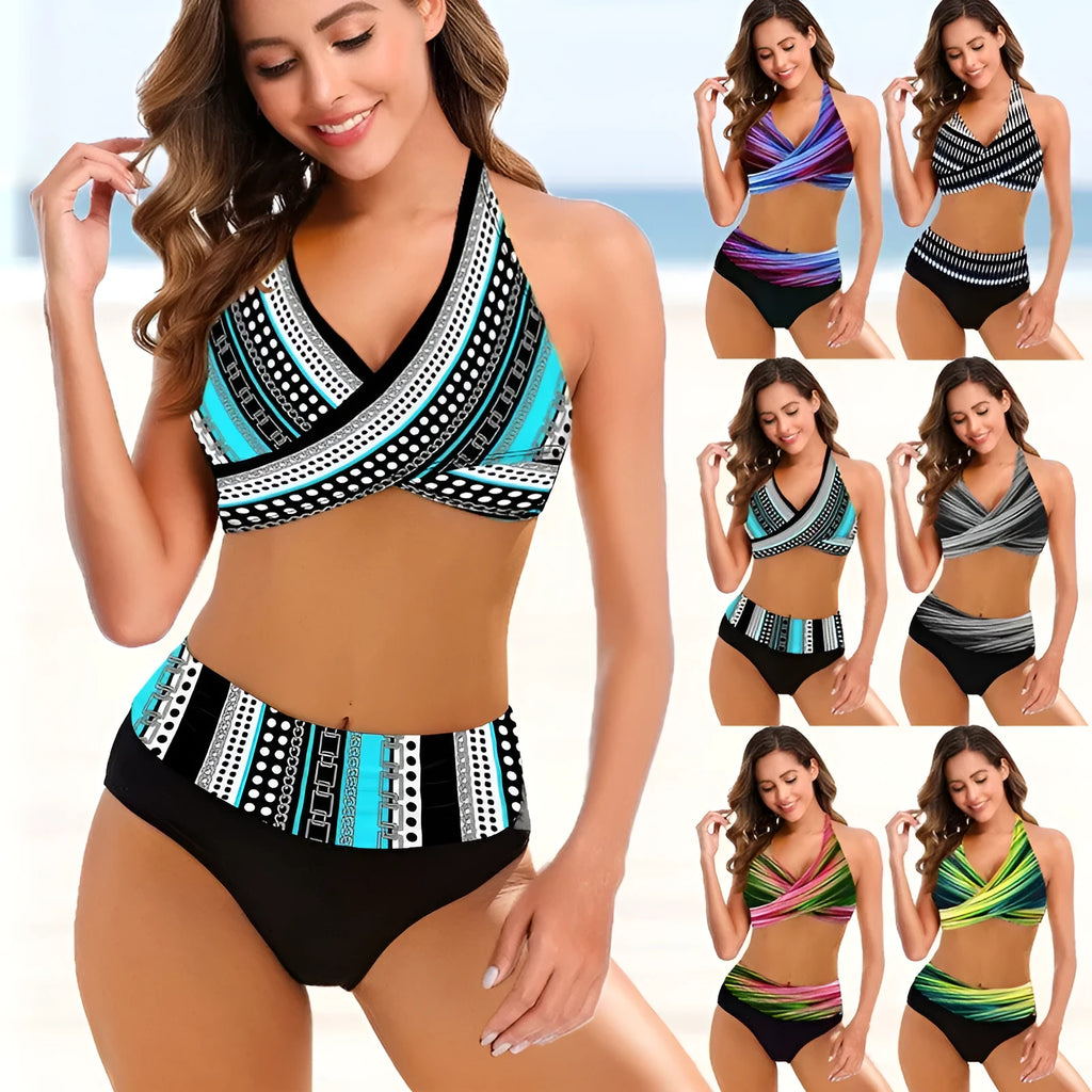 Women's striped tie-dye high-waisted bikini set with a backless design on a mannequin.
