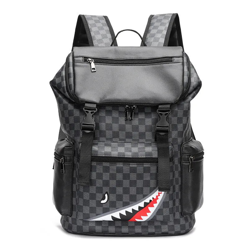 Korean style casual checkered printed backpack in black PU leather with curved shoulder straps.