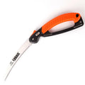 230mm folding garden saw with black TPR handle and silver steel blade, shown both open and closed.