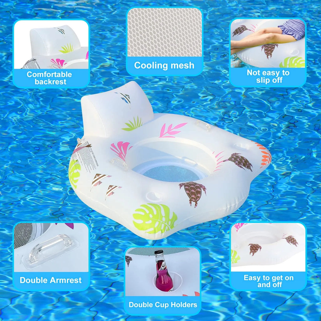 White luminous U-shaped inflatable float seat glowing in a swimming pool at night.