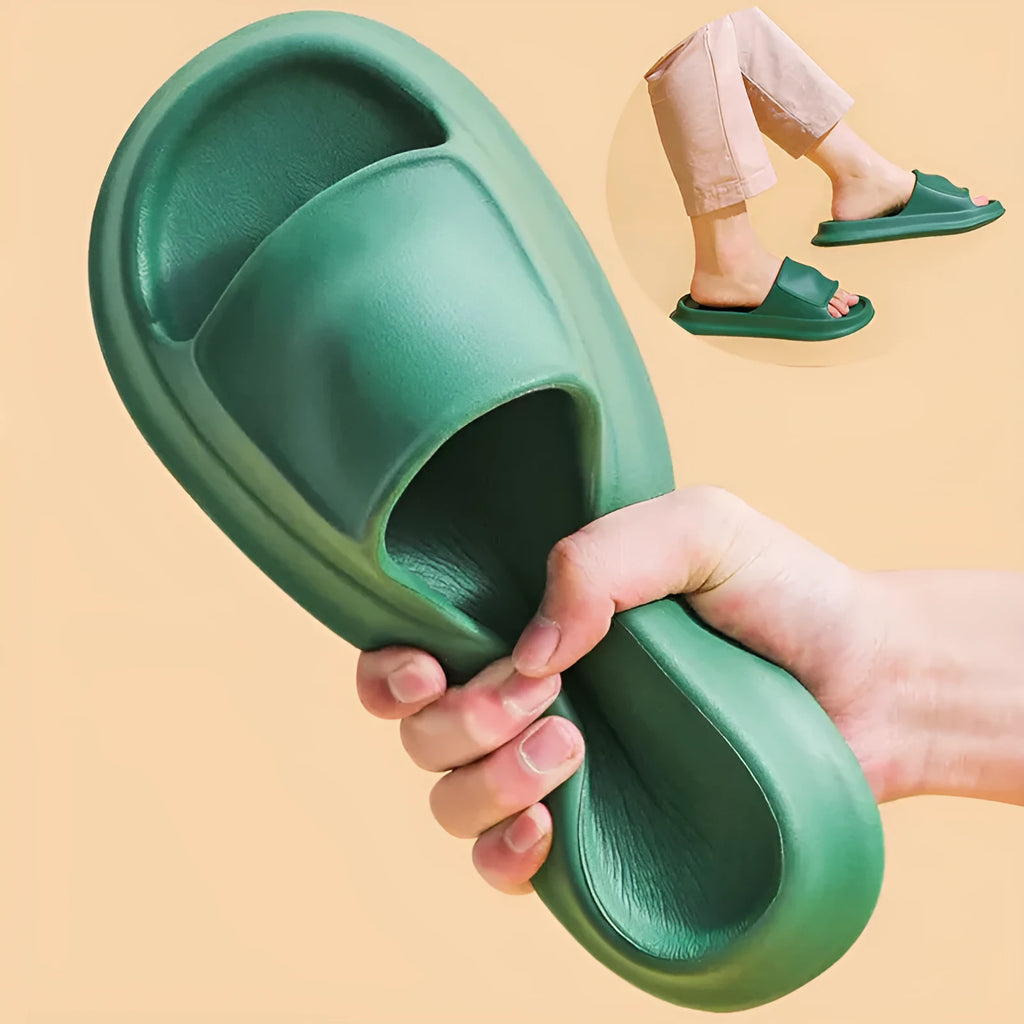 Unisex thick-soled EVA flip flop slippers in multiple colours on a white background.