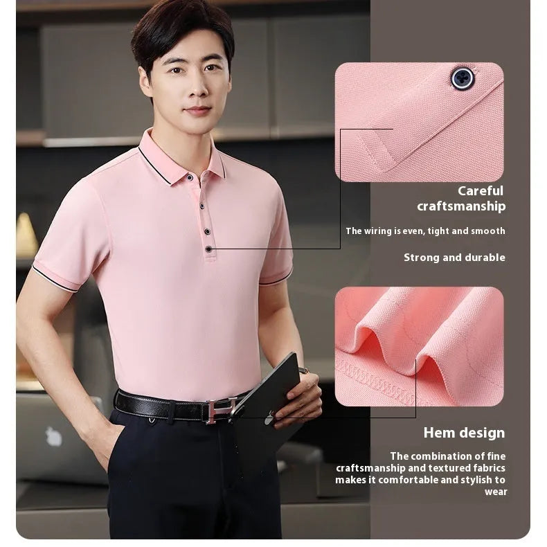 Beautician short-sleeved polo shirt in cool silk cotton with asymmetric colour detail