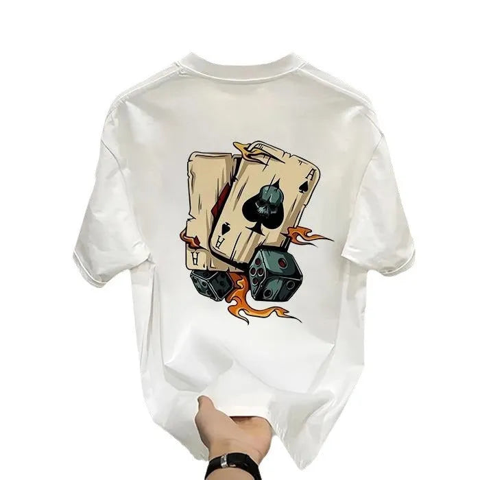 Men's heavyweight black and white pure cotton short-sleeved printed T-shirt showing size range from S to XXXXL.