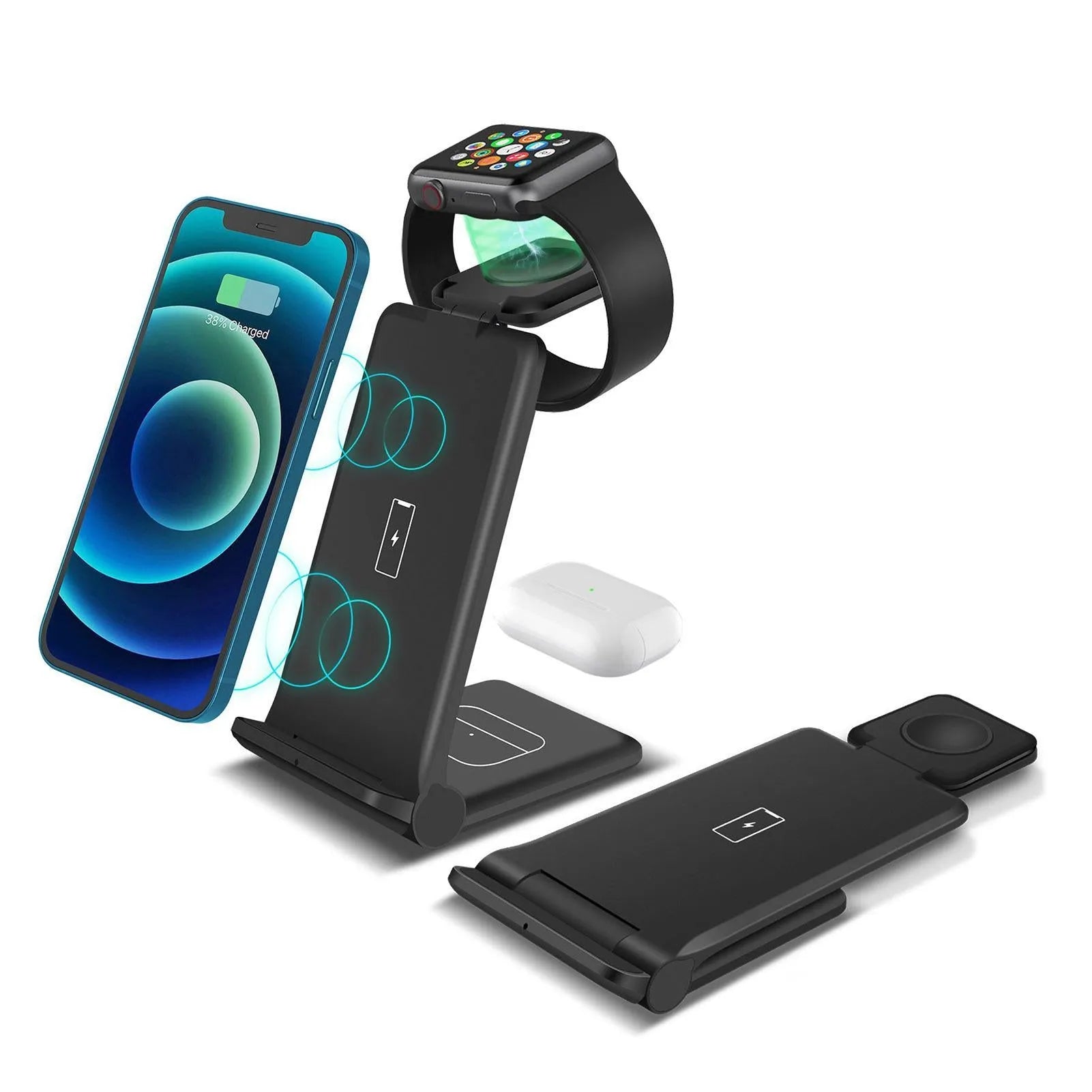 Black foldable 3-in-1 wireless charging station charging iPhone, Samsung phone and Apple Watch simultaneously