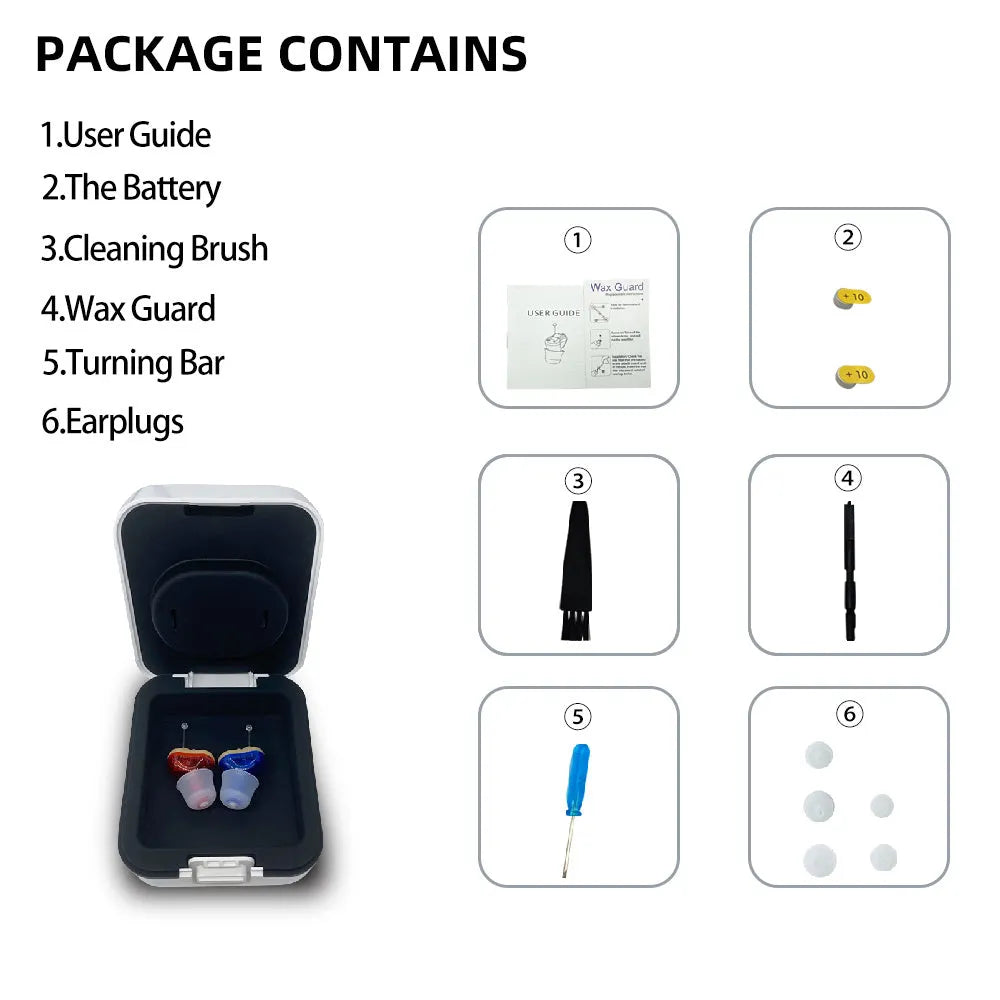 Red and blue Q10 digital hearing aids with automatic calibration and micro wireless design