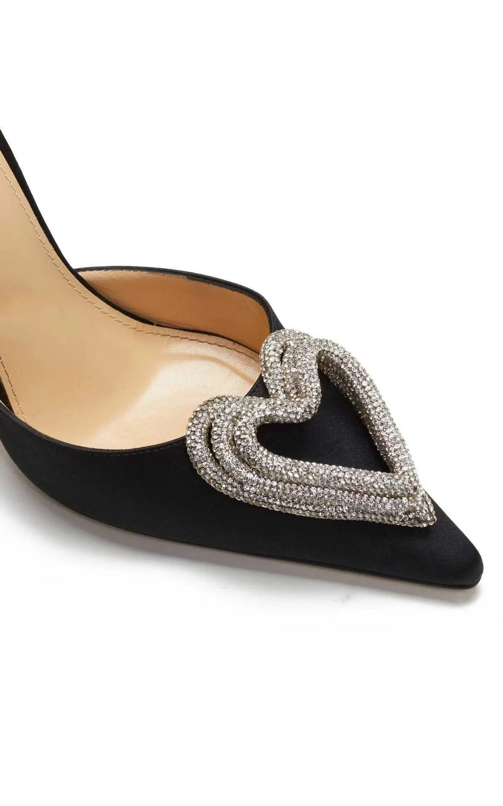 Women's black satin sandal with heart rhinestone, pointed toe, and cross ankle strap.