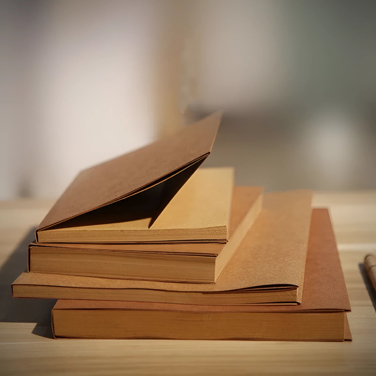 Brown kraft paper sketchbook open on a table, showing its wireless binding and 16K page size.