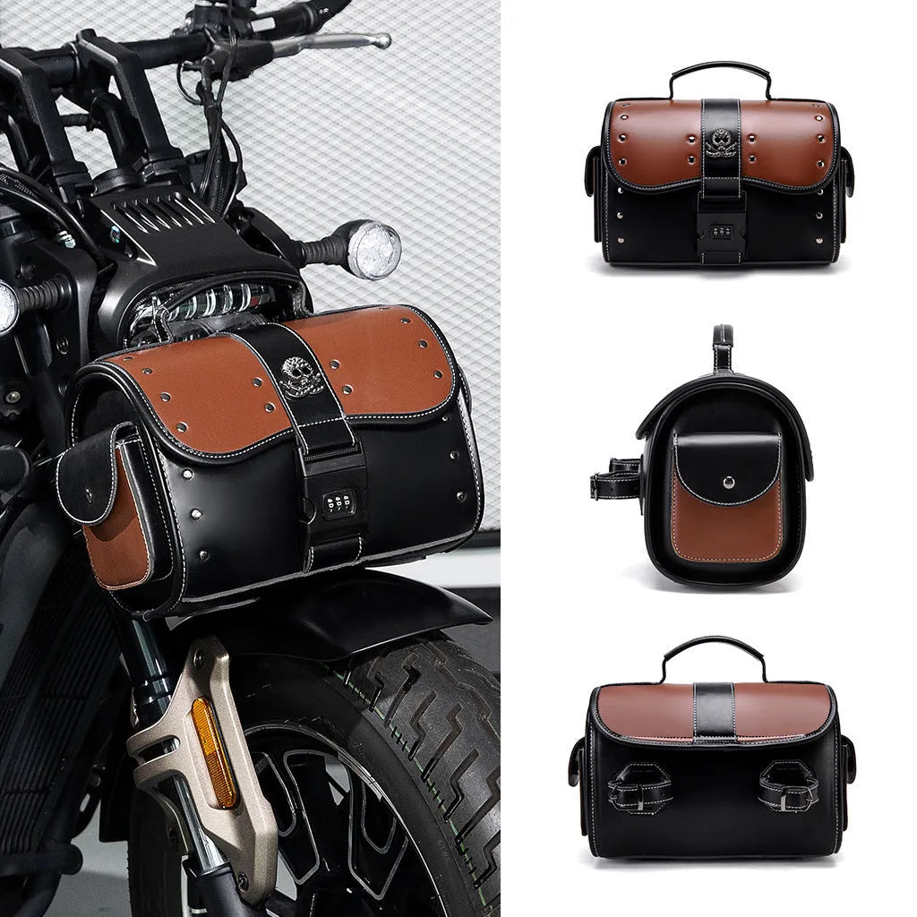 PU leather motorcycle front bag with patchwork design, model FBG397BK