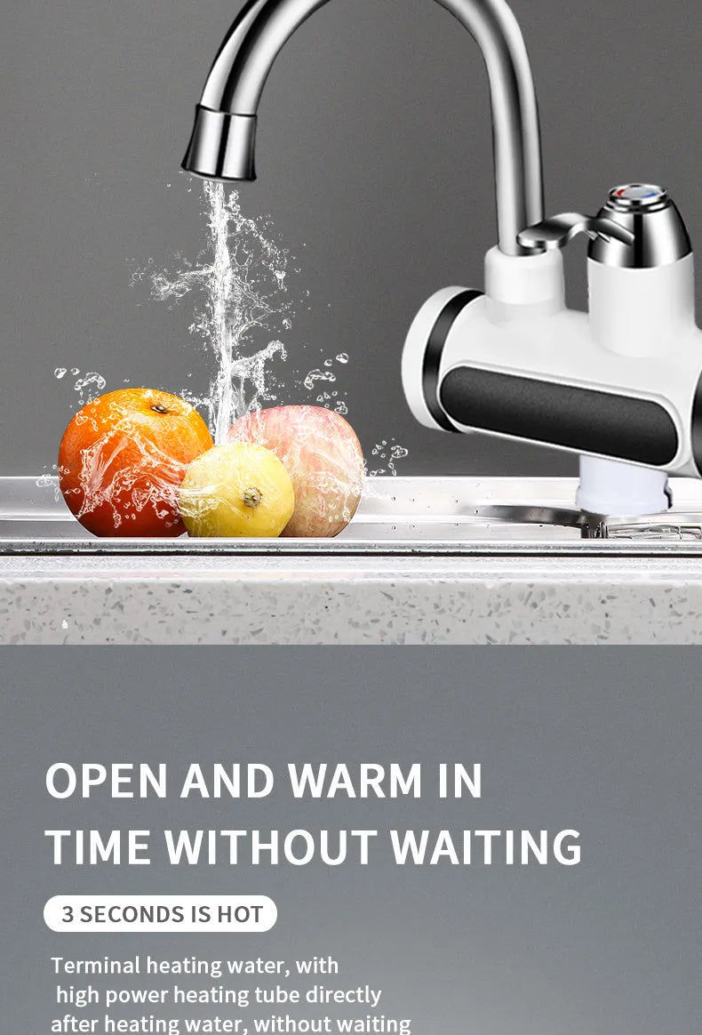 White kitchen electric water heater tap with digital temperature display and instant heating capability