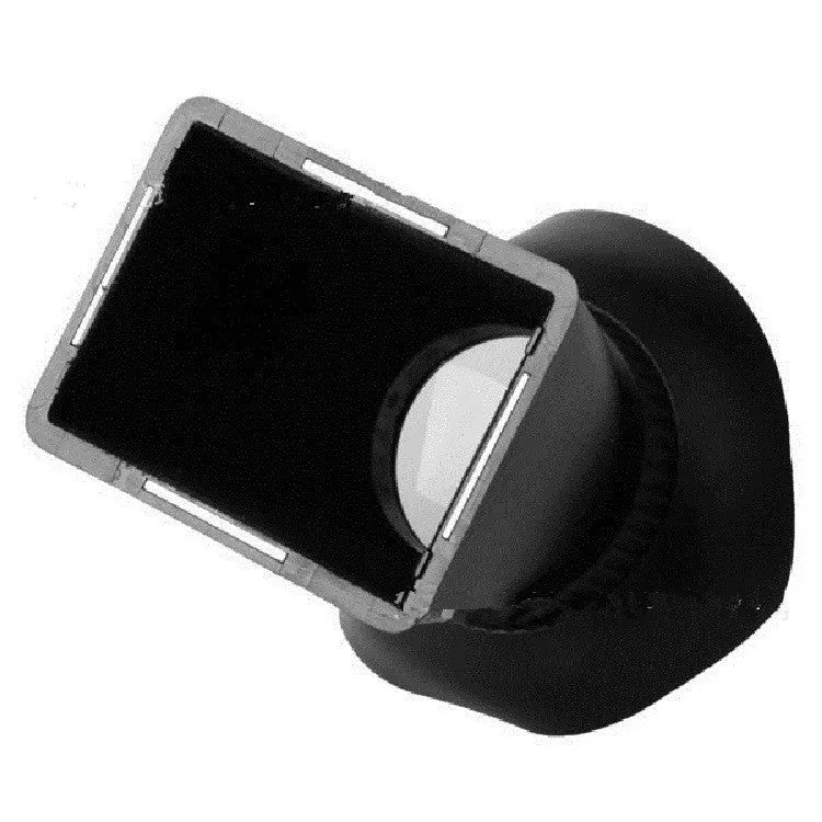 Black camera framing amplifier viewfinder magnifier attached to a DSLR LCD screen.