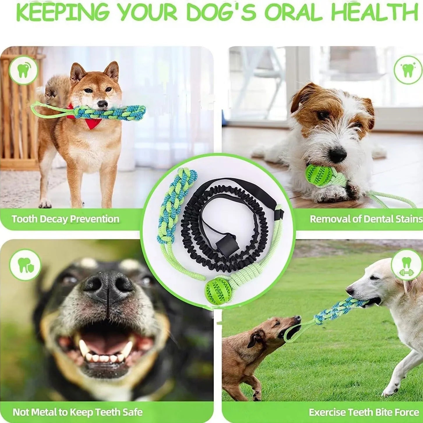 Green cotton thread dog tug rope toy with corncob design for tug-of-war.