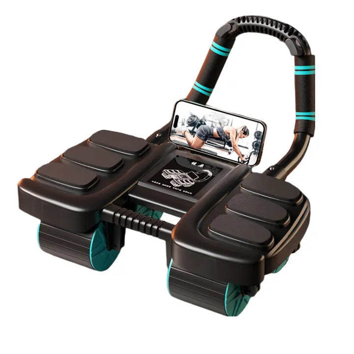 Orange intelligent four-wheel abdominal wheel with automatic rebound and elbow support on a gym mat
