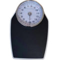 Black mechanical body weight scale with large analogue dial on a simple platform.