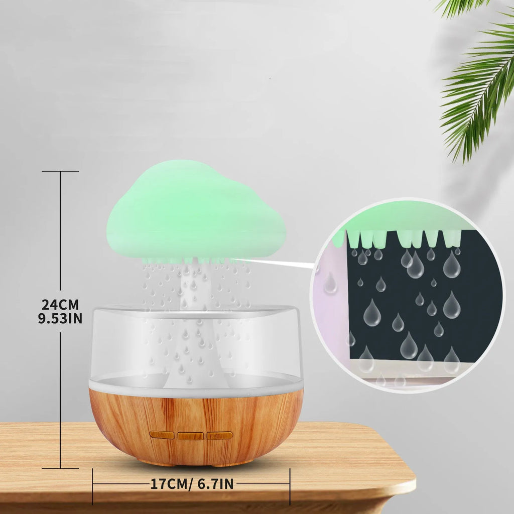 White raining cloud shaped micro humidifier with night light and essential oil diffuser on desk