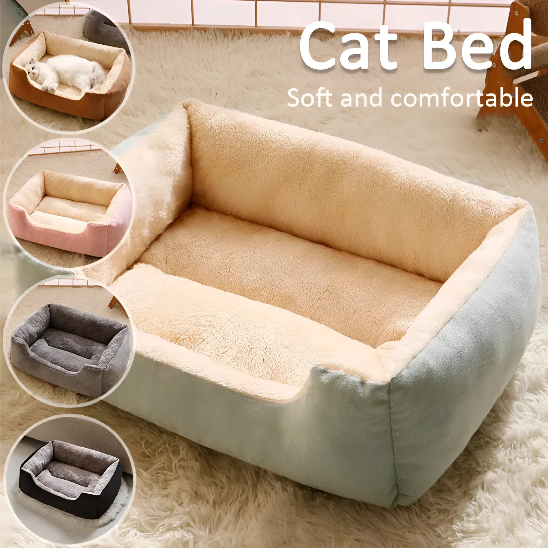 Soft plush cat bed cushion shown in grey, available in five sizes from small to extra extra large.