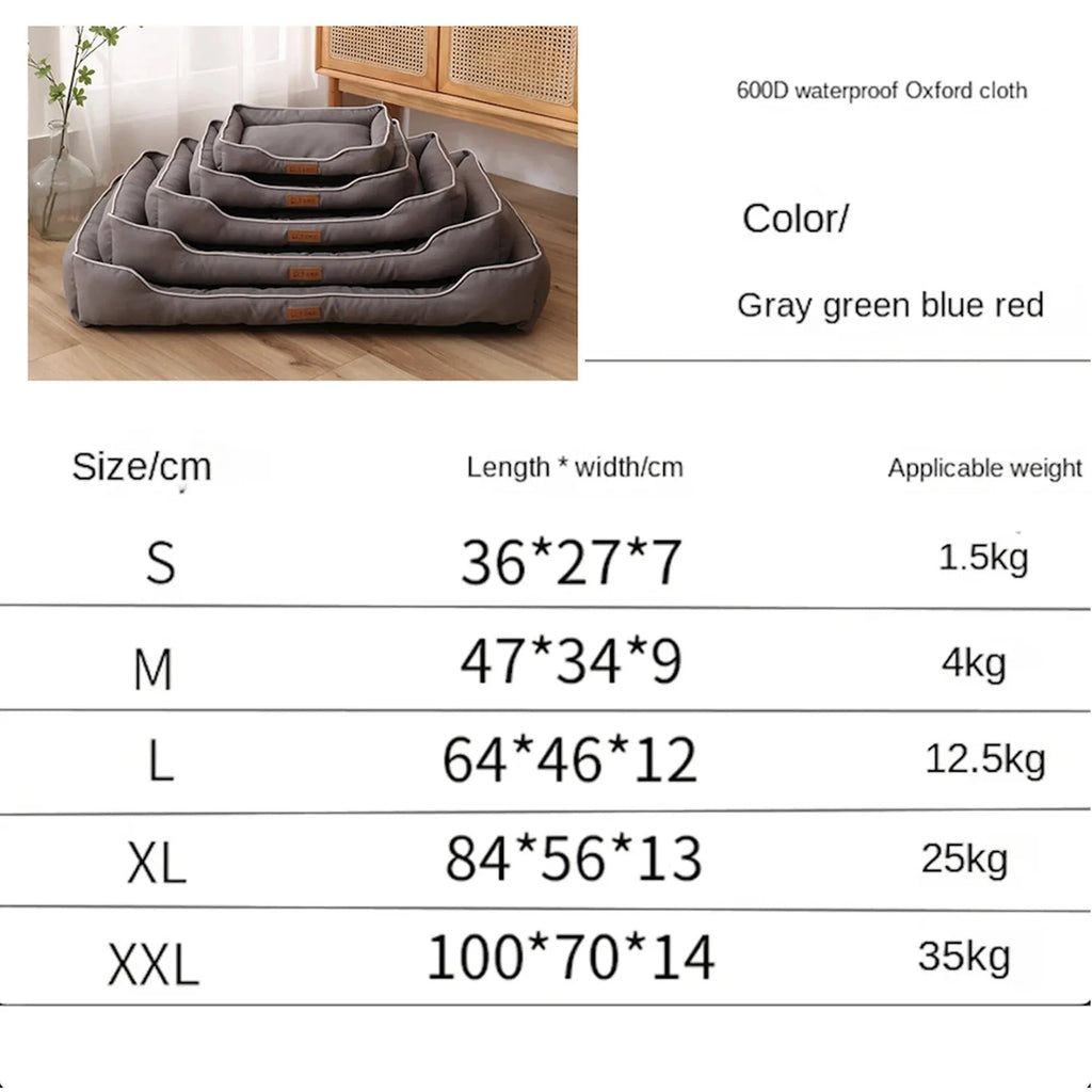 Gray luxury dog sofa bed with raised edges on a wooden floor, showing waterproof Oxford cloth and plush cushion.