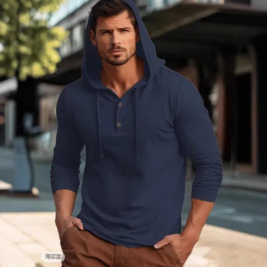 Men's casual cotton sports hoodie in dark blue colour, showing pullover style and long sleeves.