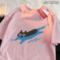 Plus size women's black cat design cotton t-shirt in multiple colours