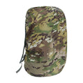 Waterproof PU backpack rain cover in army green, shown fitted over a large hiking rucksack.