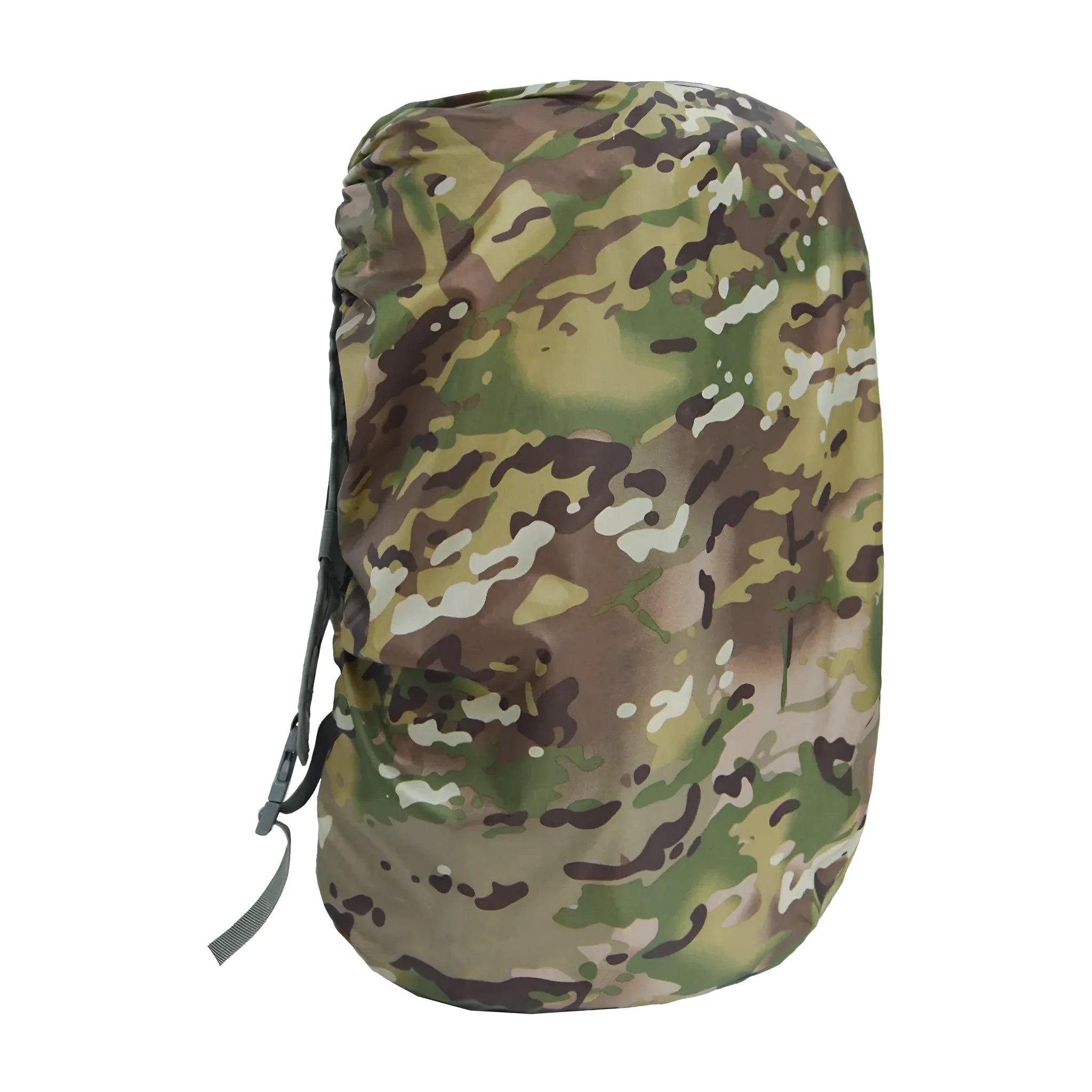 Waterproof PU backpack rain cover in army green, shown fitted over a large hiking rucksack.